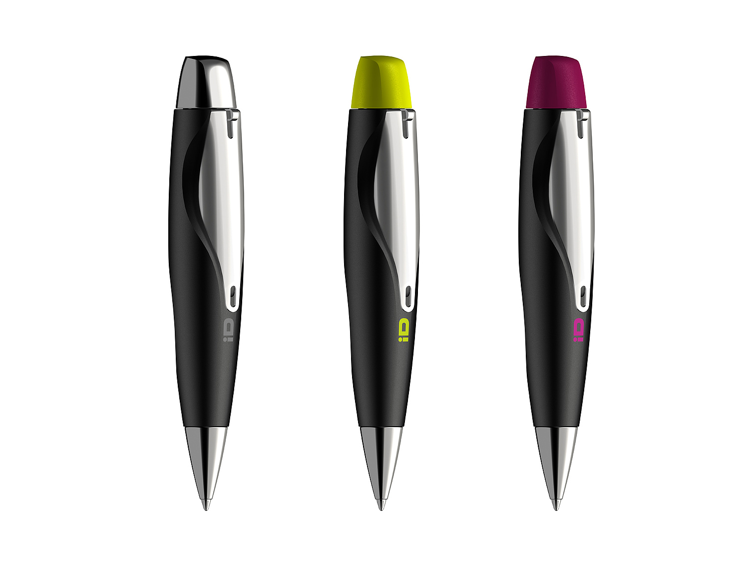 Das Bild zeigt den ID-Kugelschreiber in den drei verschiedenen Farben (für Schneider Schreibgeräte GmbH, 2008) (© Papenfuss | Atelier)