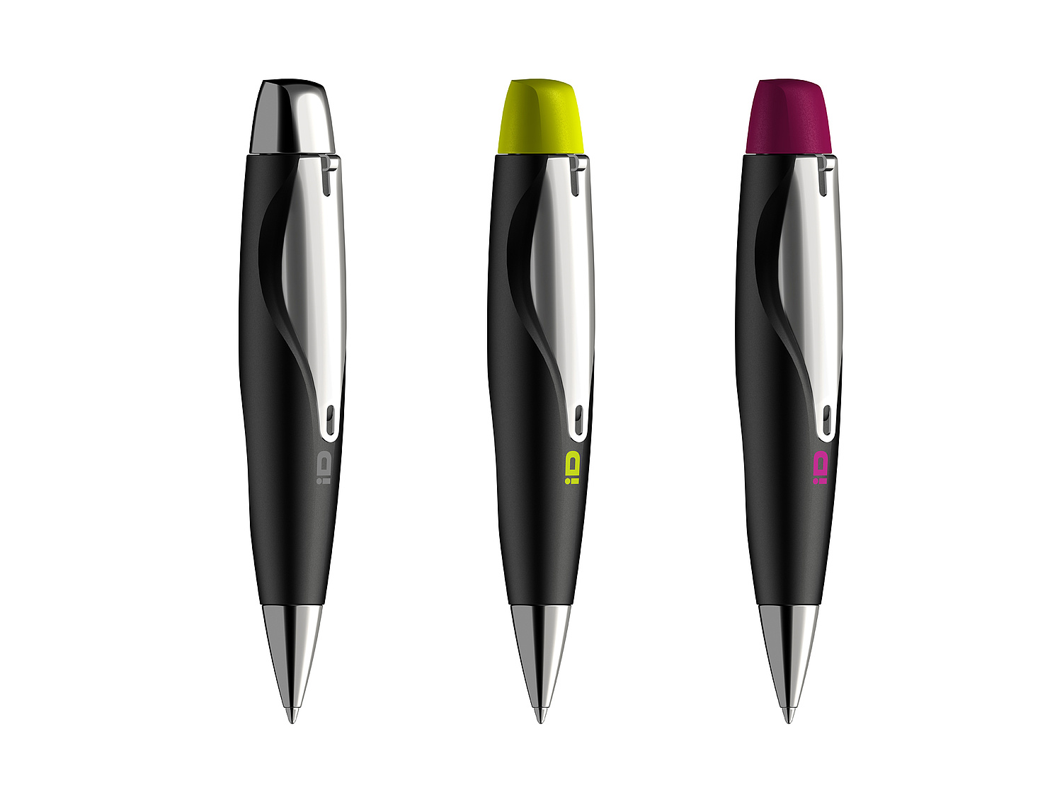 Schneider Schreibgeräte iD Kugelschreiber – Produktentwicklung – Produktdesign Das Bild zeigt den ID-Kugelschreiber in den drei verschiedenen Farben (für Schneider Schreibgeräte GmbH, 2008) (© Papenfuss | Atelier)