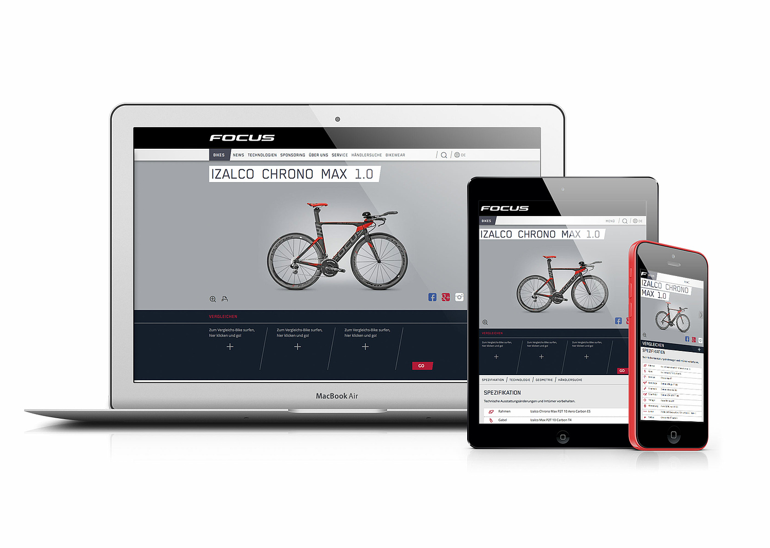 Focus Bikes – Webdesign – Webentwicklung – Startseite Das Bild zeigt die Webseite Focus Bikes auf verschiedenen Endgeräten. (für Derby Cycle Werke) (© Papenfuss | Atelier)