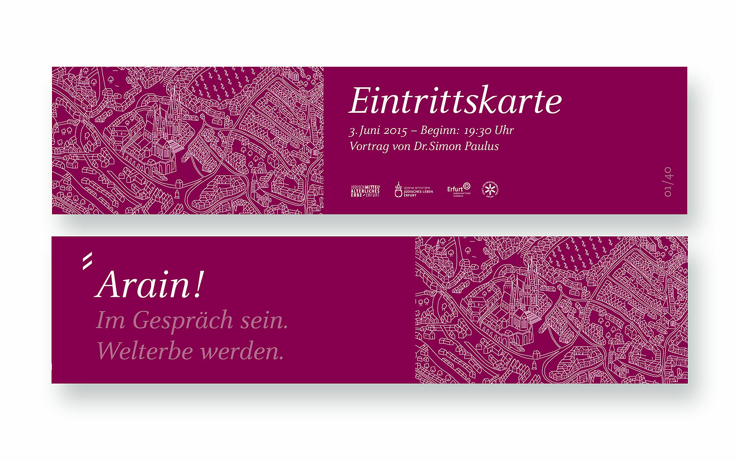 Das Bild zeigt die Eintrittskarten zur Vortragsreihe Arain. (für Netzwerk Jüdisches Leben Erfurt) (© Papenfuss | Atelier)