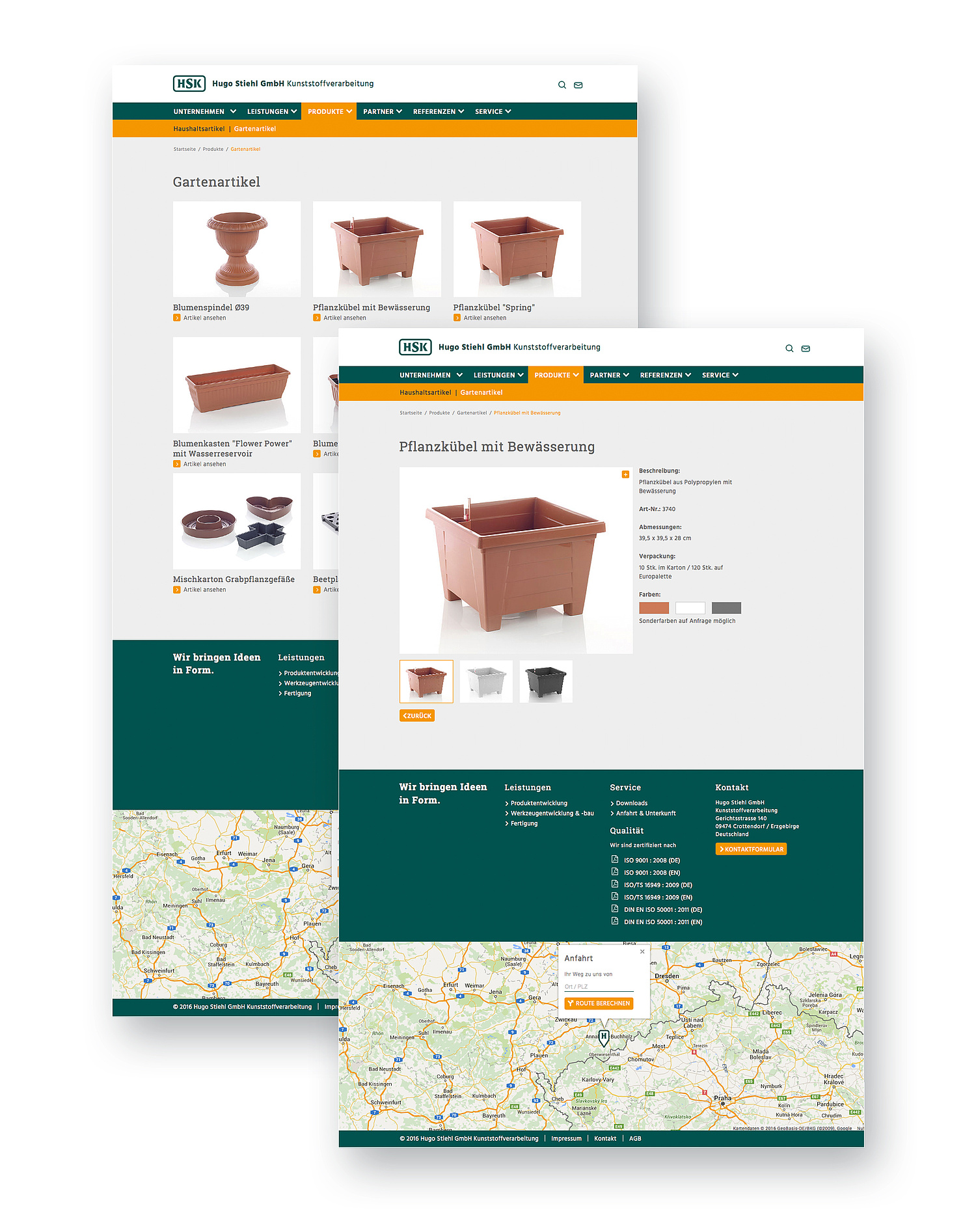 Das Bild zeigt 2 Screenshots von Übersichts- und Einzelseite zur Darstellung der Produkte (für HSK Hugo Stiehl Kunststoffverarbeitung, 2015) (© Papenfuss | Atelier)