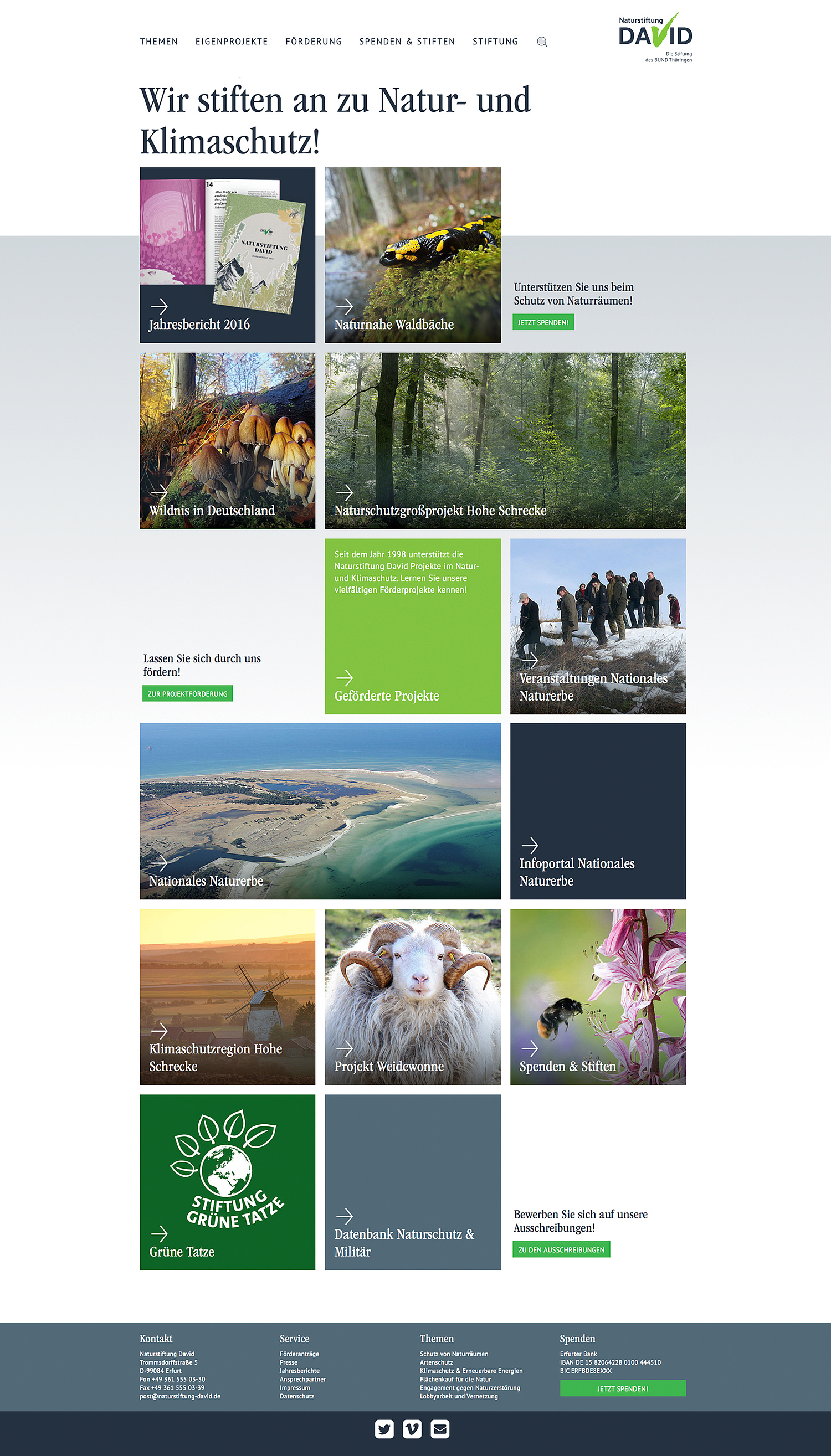Kommunikation Webdesign Natur & Umwelt Naturstiftung David Ansicht der vollständigen Startseite: Die auf TYPO3 basierende Website integriert die Daten aus einer umfangreichen Projektdatenbank. Sehr unterschiedliche gestalterische Module ermöglichen eine übersichtliche Strukturierung der umfangreichen Inhalte. Neben der Entwicklung der technischen Basis haben wir die Naturstiftung David bei der Neustrukturierung der Seiteninhalte beraten. (© Papenfuss | Atelier)