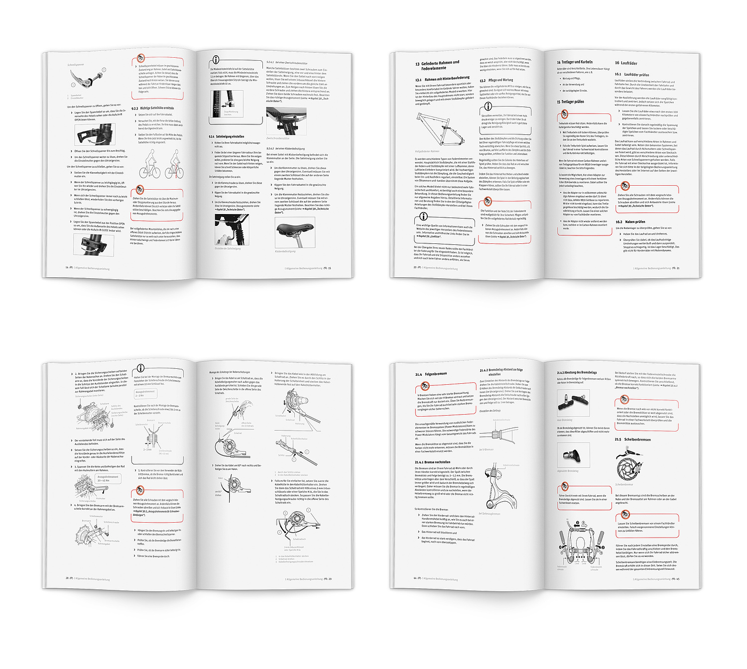 Das Bild zeigt verschiedene Seiten der Bedienungsanleitungen. (für Derby Cycle Werke, 2010) (© Papenfuss | Atelier)