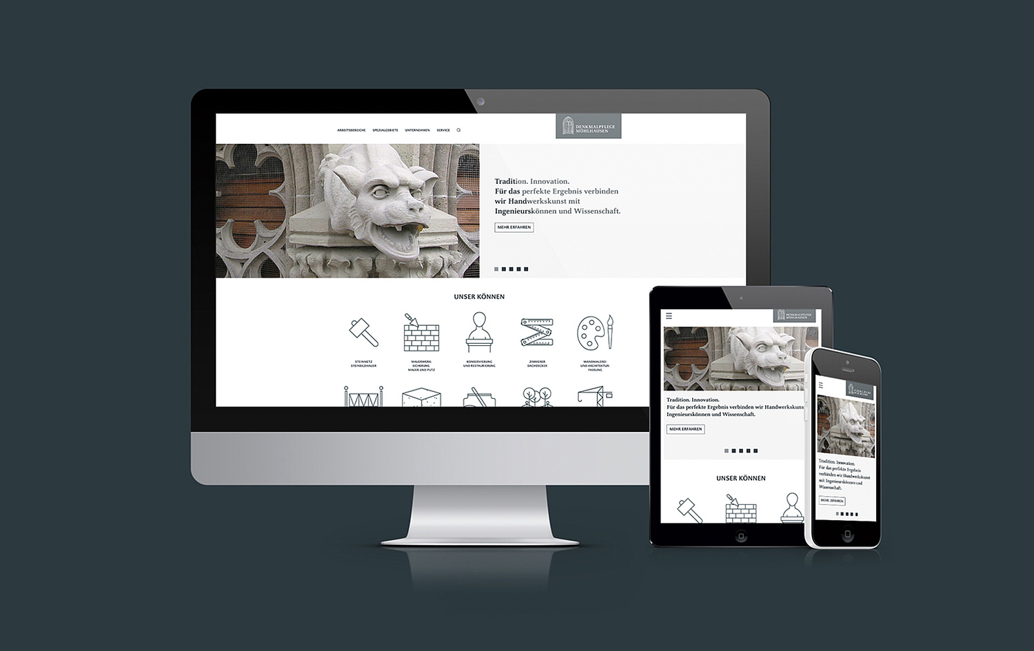 Webdesign Denkmalpflege Mühlhausen Darstellung der Startseite als Desktop-, Tablet- und Mobile-Ansicht (© Papenfuss | Atelier)