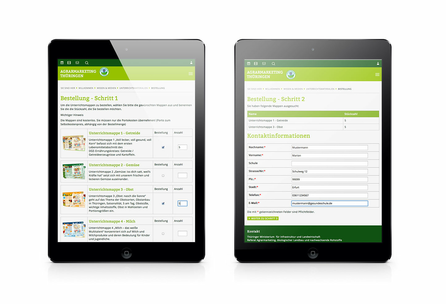Das Bild zeigt 2 Screens aus dem Bestellvorgang für die auf der Website angebotenen Unterrichtsmaterialien (für Thüringer Agrarmarketing, 2015) (© Papenfuss | Atelier)