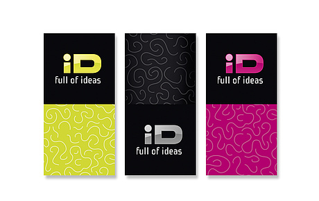 Das Bild zeigt Logo, Farben und Muster aus dem Erscheinungsbild für die ID Schreibgeräte (für Schneider Schreibgeräte, 2009)
