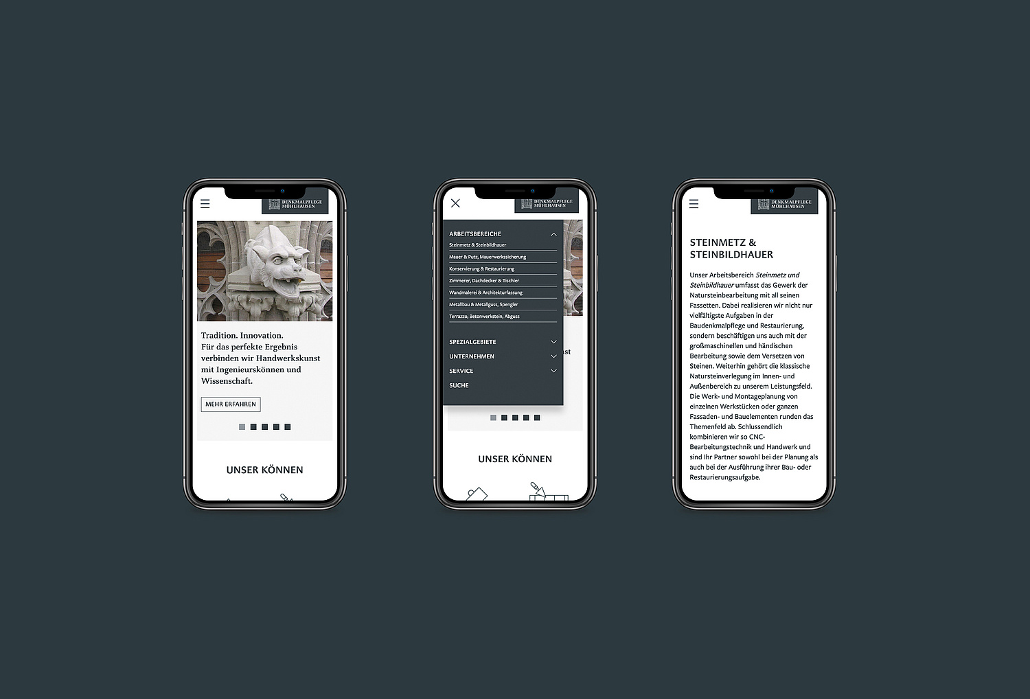 Webdesign Denkmalpflege Mühlhausen Mobile Version Drei verschiedene Ansichten der Website auf dem Smartphone (© Papenfuss | Atelier)
