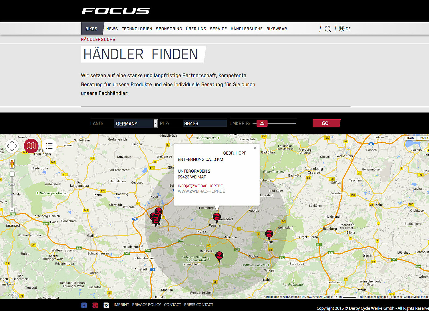 Focus Bikes – Webdesign – Webentwicklung – Händlersuche Das Bild zeigt die Händlersuche auf der Focusbike-Webseite an. (für Derby Cycle Werke) (© Papenfuss | Atelier)