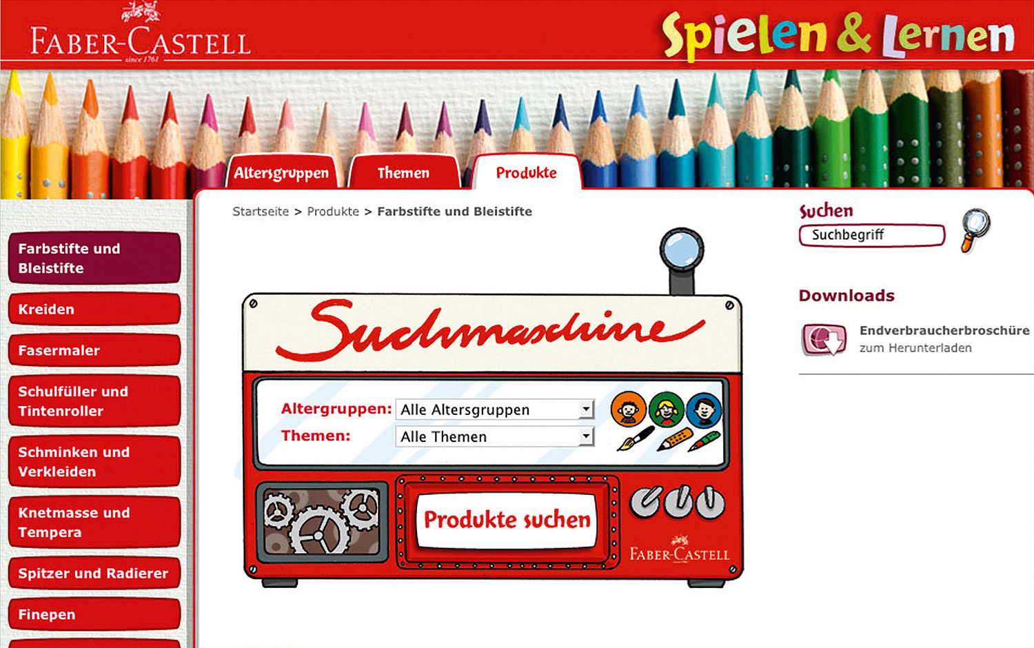 Faber-Castell – Webdesign – Webentwicklung – Spielen & Lernen Ansicht der Suchmaschine auf der Seite Spielen & Lernen von Faber-Castell (© Papenfuss | Atelier)