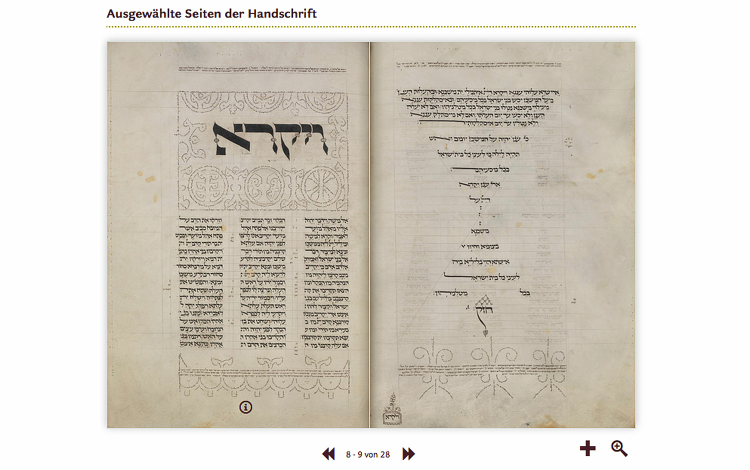Hebräische Handschriften Das Bild zeigt einen Ausschnitt der Webseite, auf der 2 Seiten einer Hebräischen Handschrift innerhalb eines Blättermoduls zu sehen sind. (für Netzwerk Jüdisches Leben) (© Papenfuss | Atelier)