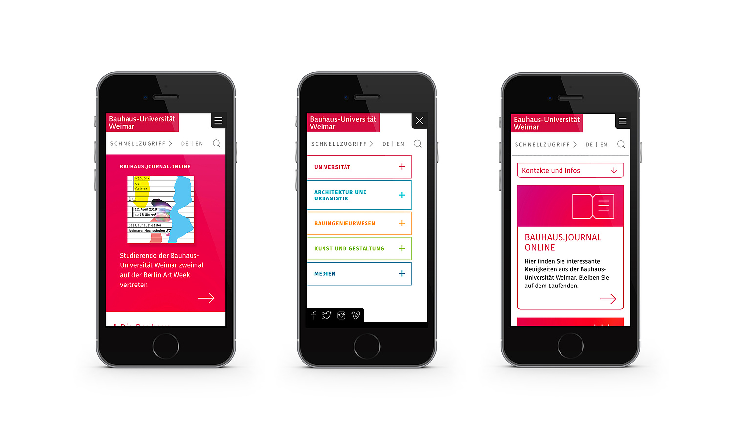 Webdesign Bauhaus Universität Weimar mobile Version Drei verschiedene Ansichten der Website auf dem Smartphone (© Papenfuss | Atelier)