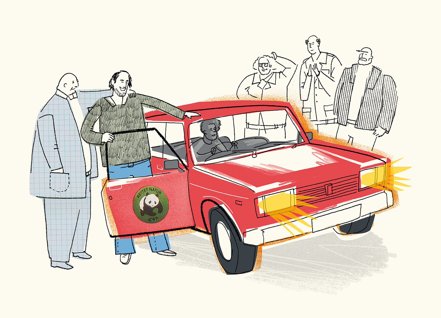 Stiftung Naturschutzgeschichte – Ausstellungsdesign – Wanderausstellung – Illustration 02 Das Bild zeigt eine Illustration zur Übergabe eines Ladas durch den WWF an die Initiatoren des Nationalparksprogramms (für die Stiftung Natzurschutzgeschichte, 2015) (© Papenfuss | Atelier)