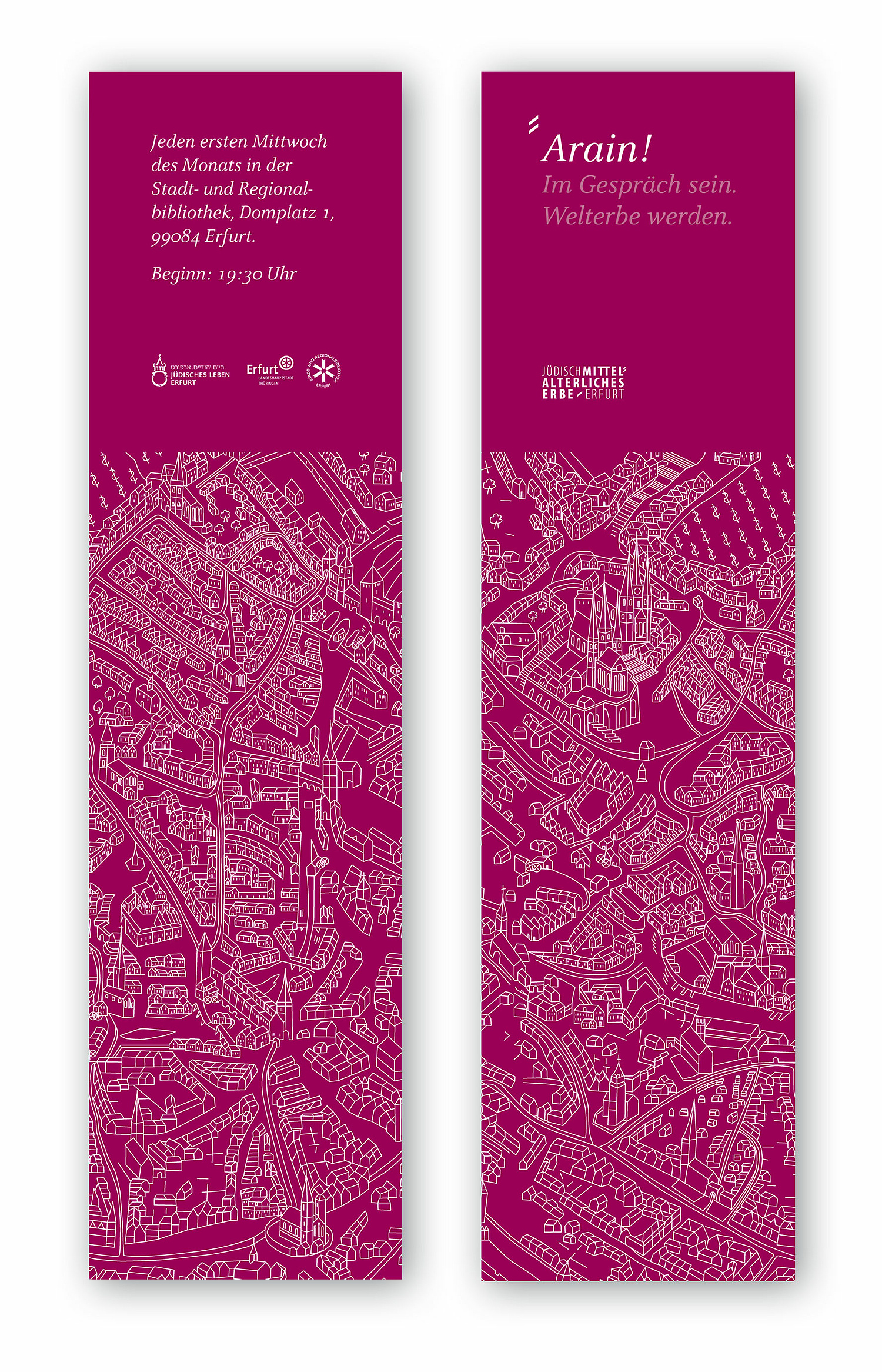 Lesezeichen Arain Das Bild zeigt Lesezeichen als Werbeträger zur Vortragsreihe Arain. (für Netzwerk Jüdisches Leben Erfurt) (© Papenfuss | Atelier)