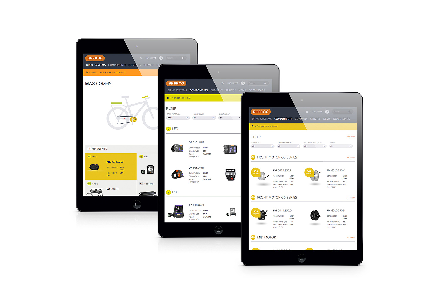 BAFANG – Responsive Webdesign – Tabletansichten 3 Tablets mit der Darstellung für die Produktseiten: Die Produkte sind in zwei Spalten aufgeteilt und werden fortlaufend angezeigt. (© Papenfuss | Atelier)