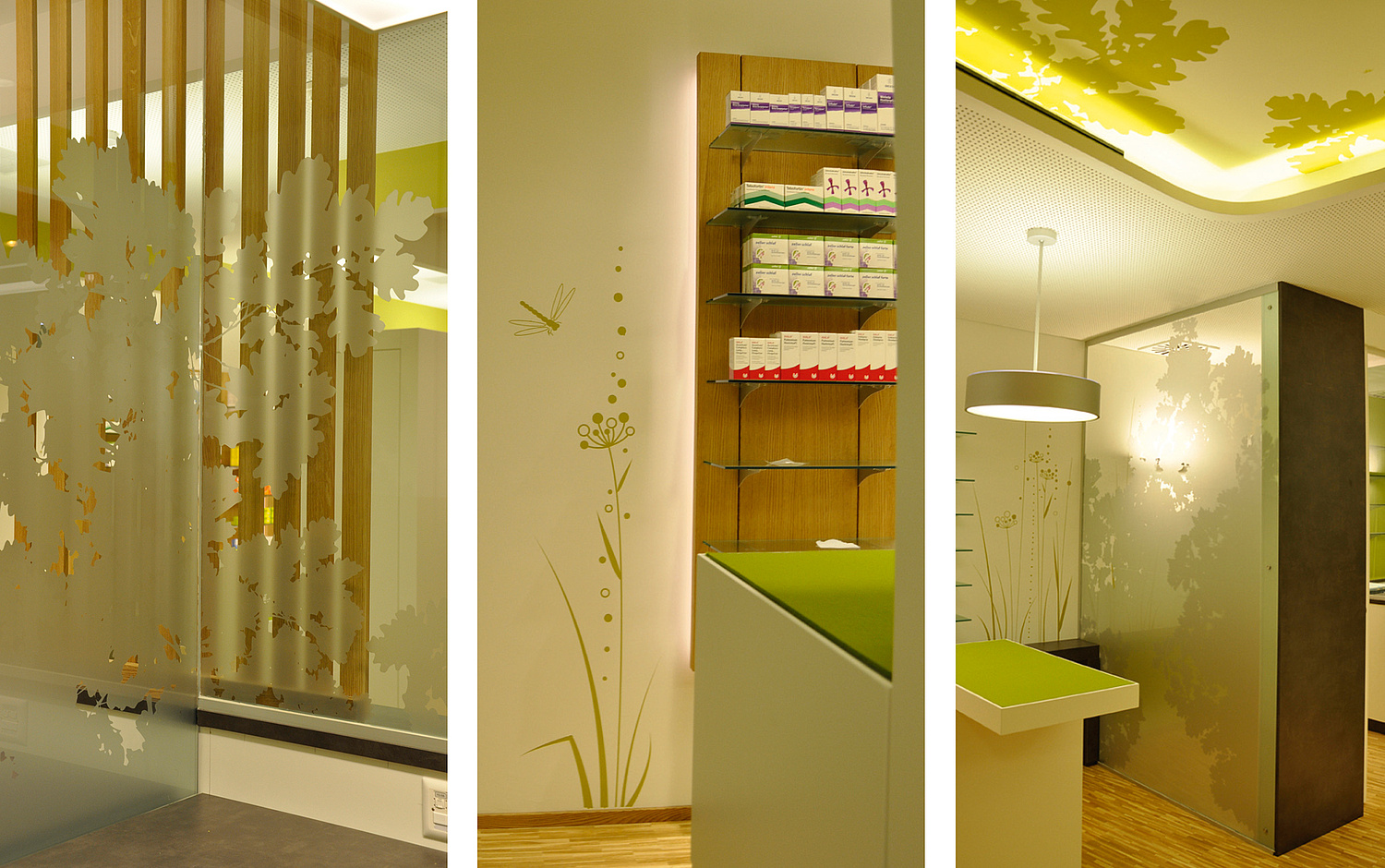 Innenarchitektur Saner Apotheke Blick auf Details wie Glaswand oder Grafiken an der Wand aus dem Verkaufsraum (© Papenfuss | Atelier)