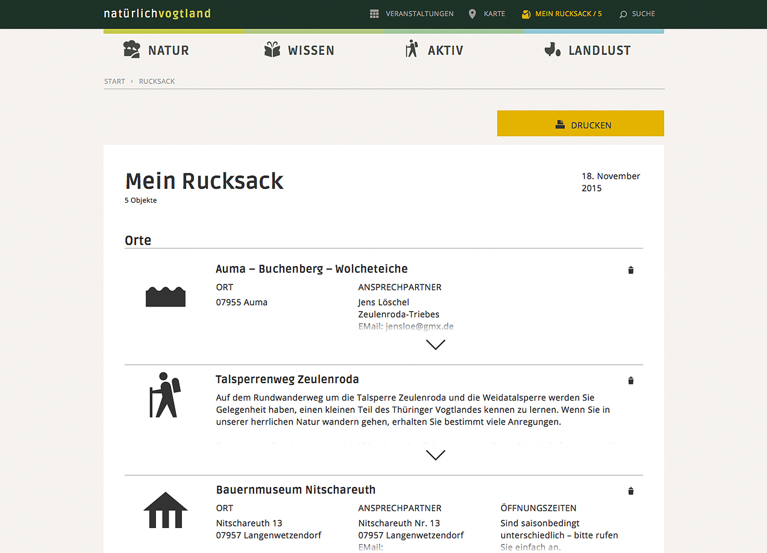 Funktion Rucksack Das Bild zeigt die Funktion "Rucksack" der Webseite (für Landratsamt Greiz, 2015). (© Papenfuss | Atelier)
