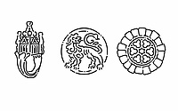 Das Bild zeigt drei Illustrationen, den Hochzeitsring, den Löwen und das Rosettenfenster der Alten Synagoge. (für Netzwerk Jüdisches Leben)