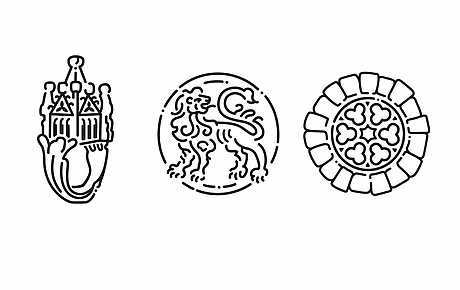 Das Bild zeigt drei Illustrationen, den Hochzeitsring, den Löwen und das Rosettenfenster der Alten Synagoge. (für Netzwerk Jüdisches Leben)