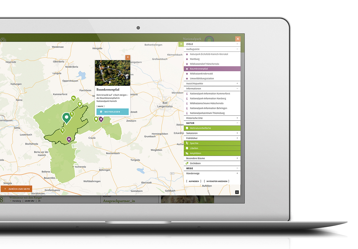 Kartenmodul – Webdesign & Webentwicklung Nationalpark Hainich Desktop mit der Ansicht des Kartenmoduls und der Funktionsweise: Der Baumkronenpfad und Naturthemen sind ausgewählt und werden angezeigt, wo sie im Gebiet des Nationalpark Hainichs zu finden sind. (© Papenfuss | Atelier)
