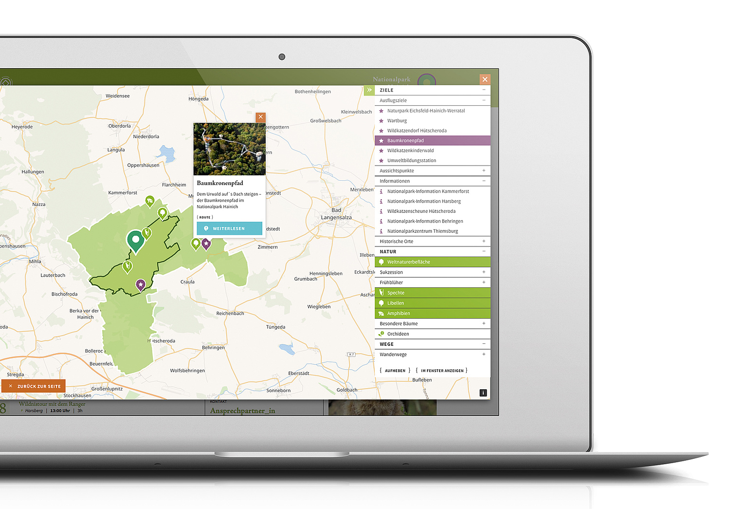 Desktop mit der Ansicht des Kartenmoduls und der Funktionsweise: Der Baumkronenpfad und Naturthemen sind ausgewählt und werden angezeigt, wo sie im Gebiet des Nationalpark Hainichs zu finden sind. (© Papenfuss | Atelier)