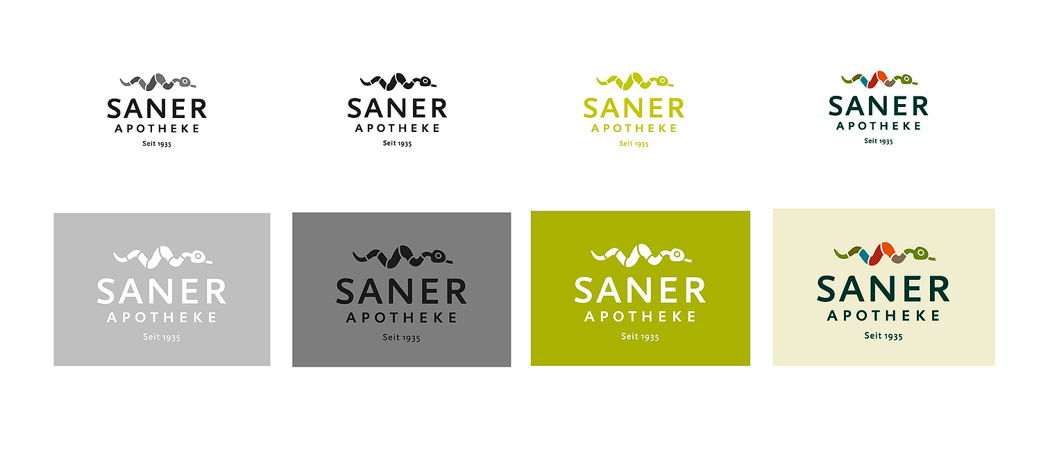 Logo in verschiedenen Varianten – Reihe oben: Logo in schwarz, Graustufen, Grün Pantone und 4-farbig– Reihe unten jeweils auf Hintergründen  (© Papenfuss | Atelier)