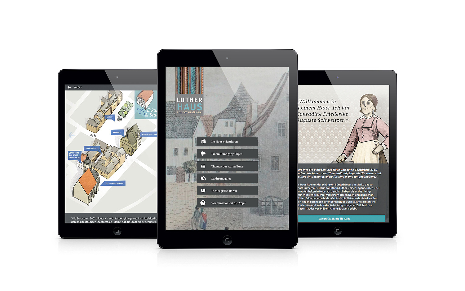 Drei Ansichten der App zur Stadtgeschichte, Orientierung und Hausgeschichte (© Papenfuss | Atelier)
