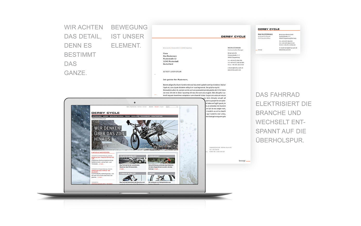 Das Bild zeigt eine Zusammenstellung von Corporate Website, Geschäftspapieren und Corporate Text. (für Derby Cycle Werke, 2010) (© Papenfuss | Atelier)