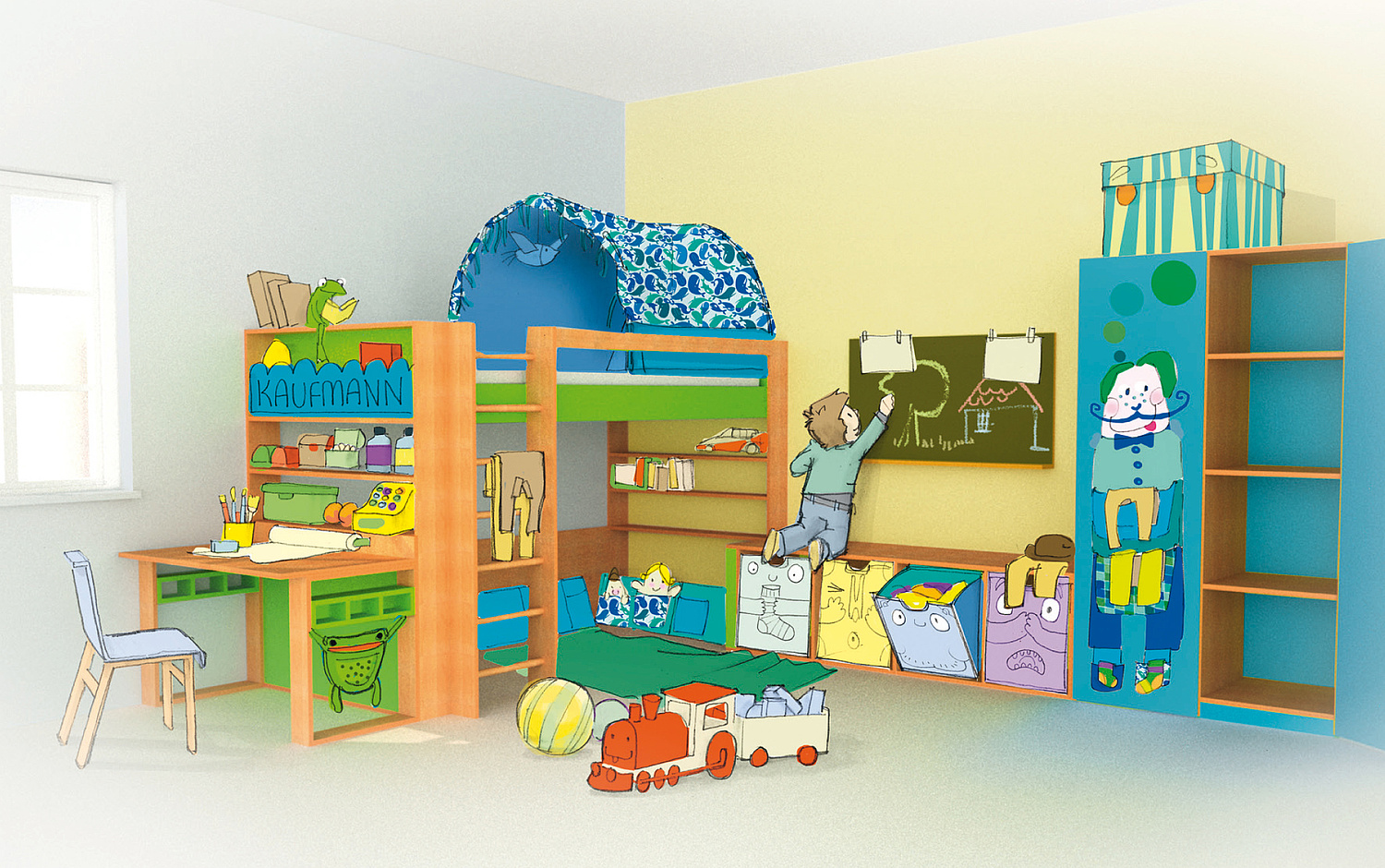 Jako-o Raumszene Das Bild zeigt eine gezeichnete Raumszene mit Kindermöbeln von Jako-o. Jako-o, 2011 (© Papenfuss | Atelier)