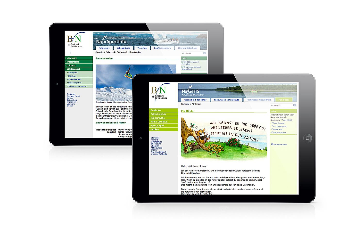 BFN Naturportale Website Das Bild zeigt zwei Bildschirme mit den Portalen Natgesis und Natursportinfo (für das Bundesamt für Naturschutz (BfN), 2009 und 2011) (© Papenfuss | Atelier)