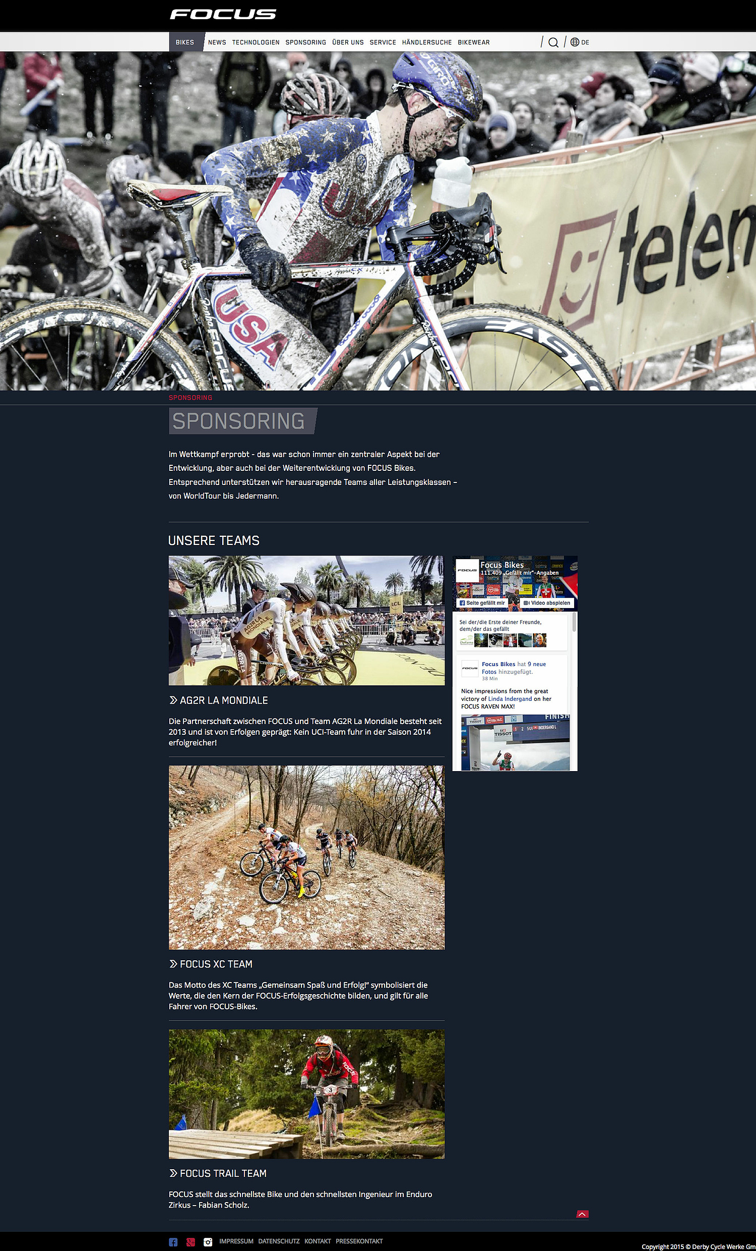 Das Bild zeigt die Sponsoring Seite der Focusbike-Webseite. (für Derby Cycle Werke) (© Papenfuss | Atelier)