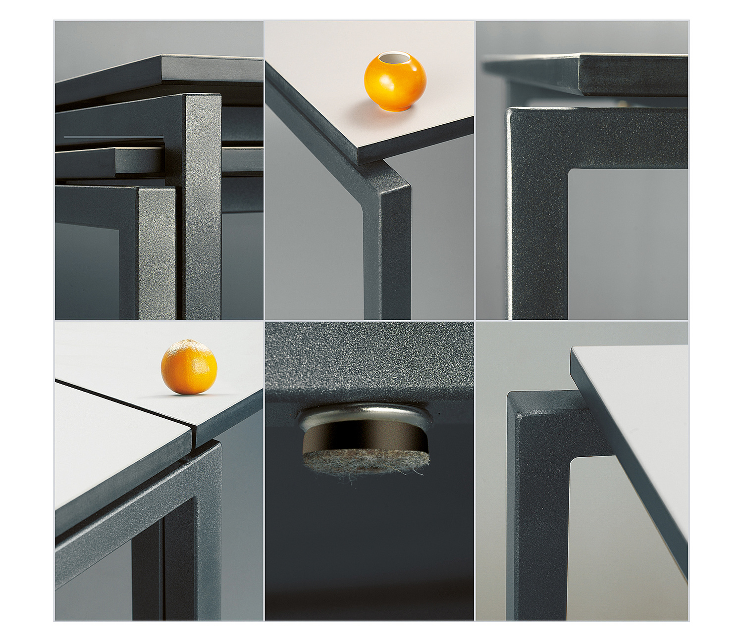 Detailansichten Tisch mit Darstellung zum stapeln, Oberfläche, Koppelung von zwei Tischen (© Papenfuss | Atelier)