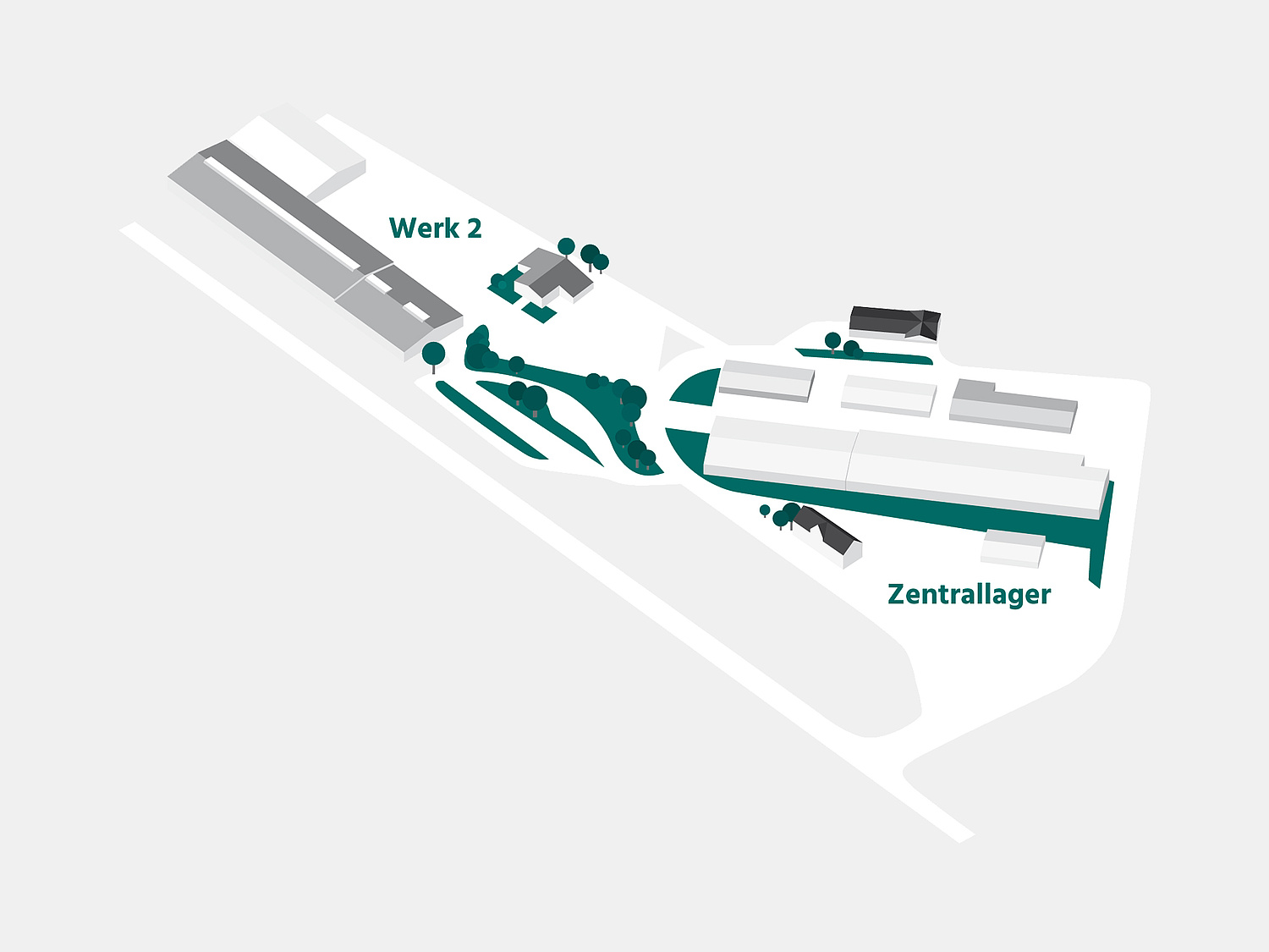 Das Bild zeigt die Lageplan-Grafik eines der Unternehmensstandorte (für HSK Hugo Stiehl Kunststoffverarbeitung, 2015) (© Papenfuss | Atelier)