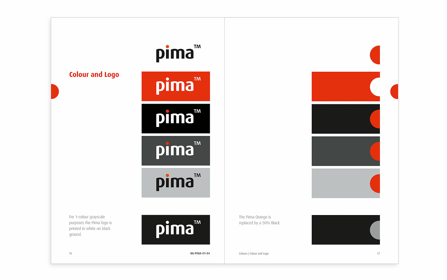 Das Bild zeigt Seiten zur Verwendung des Logos aus dem Design-Manual für das Coporate Design von Pima (für Alere, 2009).  (© Papenfuss | Atelier)