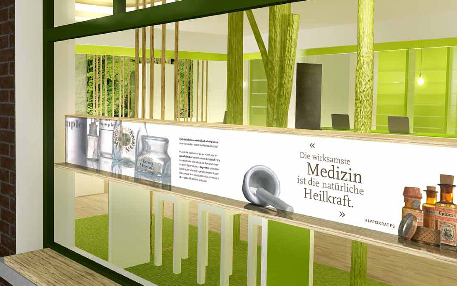 Innenarchitektur Saner Apotheke Rendering Detailansicht der Schaufenstergestaltung mit Leuchtkasten und Blick in den Verkaufsraum (© Papenfuss | Atelier)