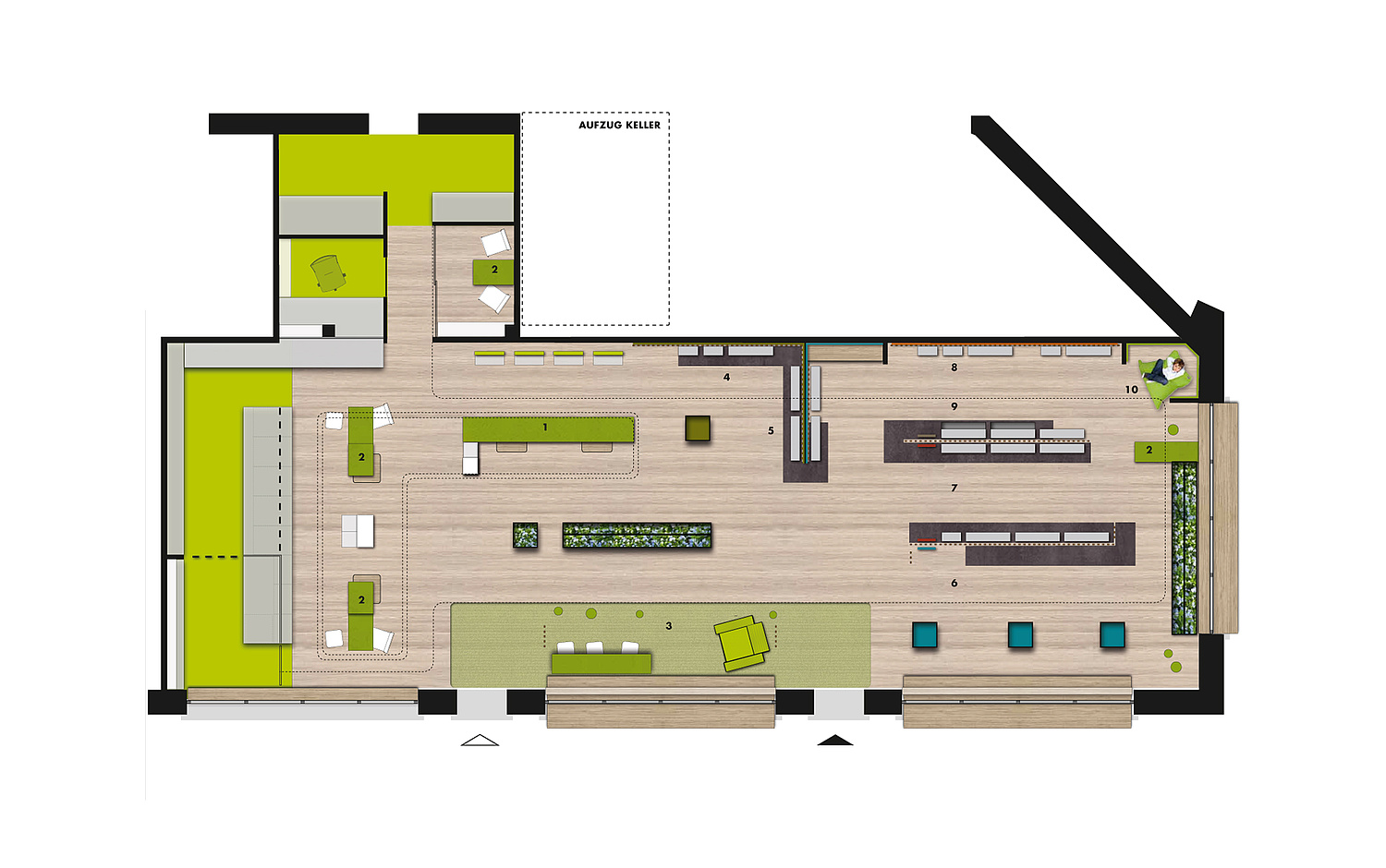 Innenarchitektur Saner Apotheke Architekturplan mit Aufteilung der einzelnen Bereiche (© Papenfuss | Atelier)