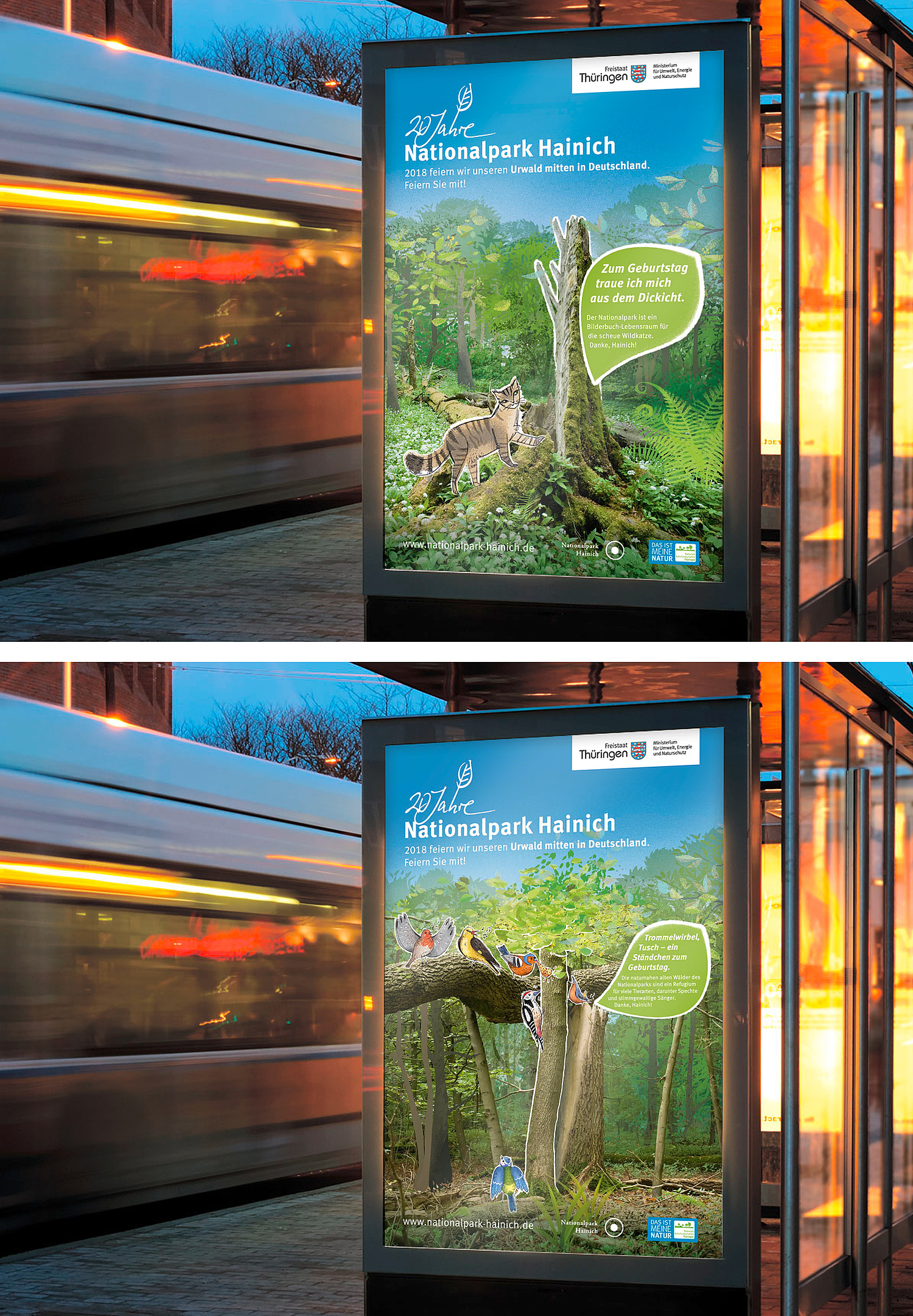 Plakate Großformat zur Kampagne 20 Jahre Nationalpark Hainich Das Bild zeigt die Plakatierung mit den Großformatplakate "Wildkatze" und "Vögel"vor Ort in Leuchtkästen am Bahnsteig. (© Papenfuss | Atelier)