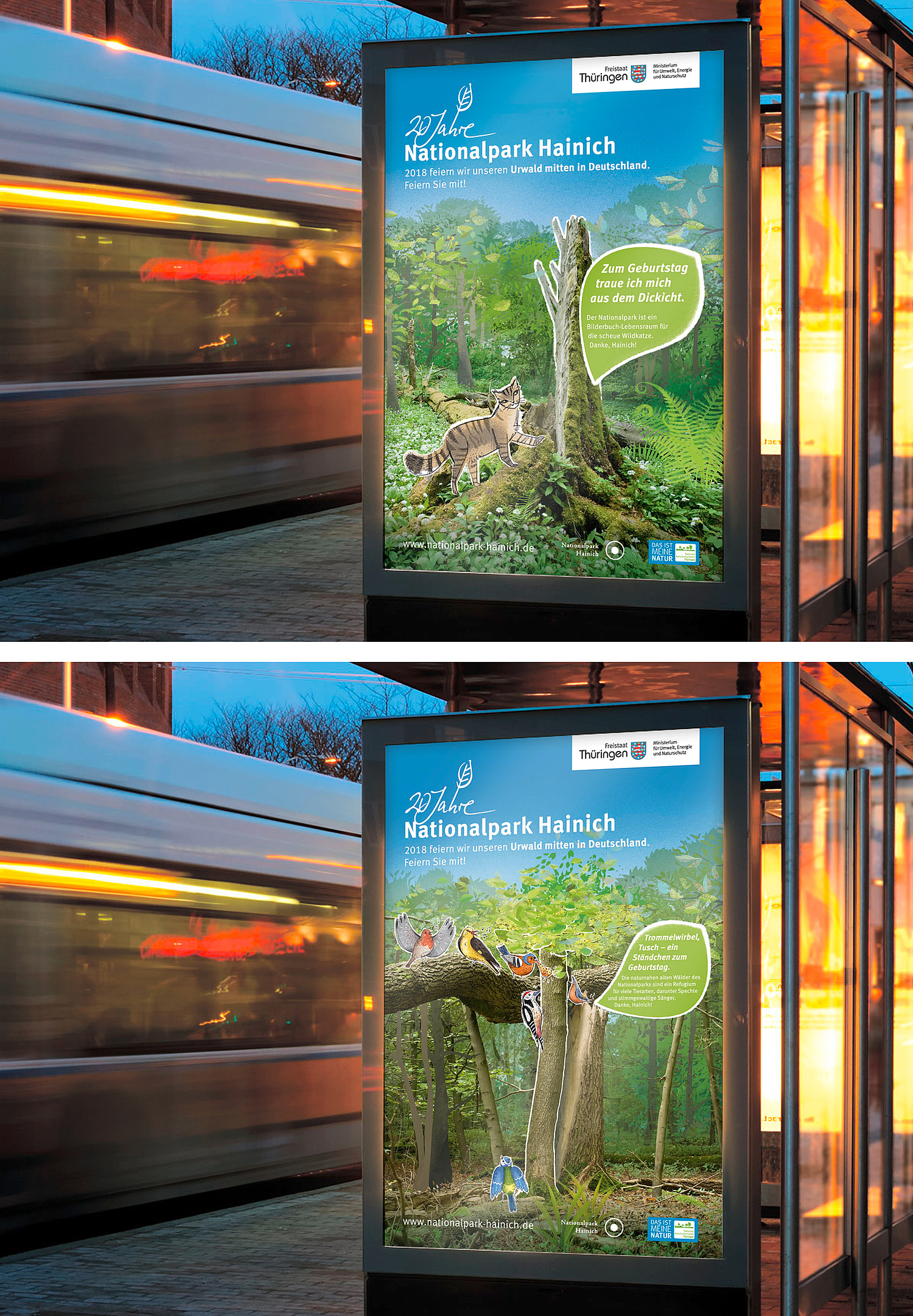 Das Bild zeigt die Plakatierung mit den Großformatplakate "Wildkatze" und "Vögel"vor Ort in Leuchtkästen am Bahnsteig. (© Papenfuss | Atelier)