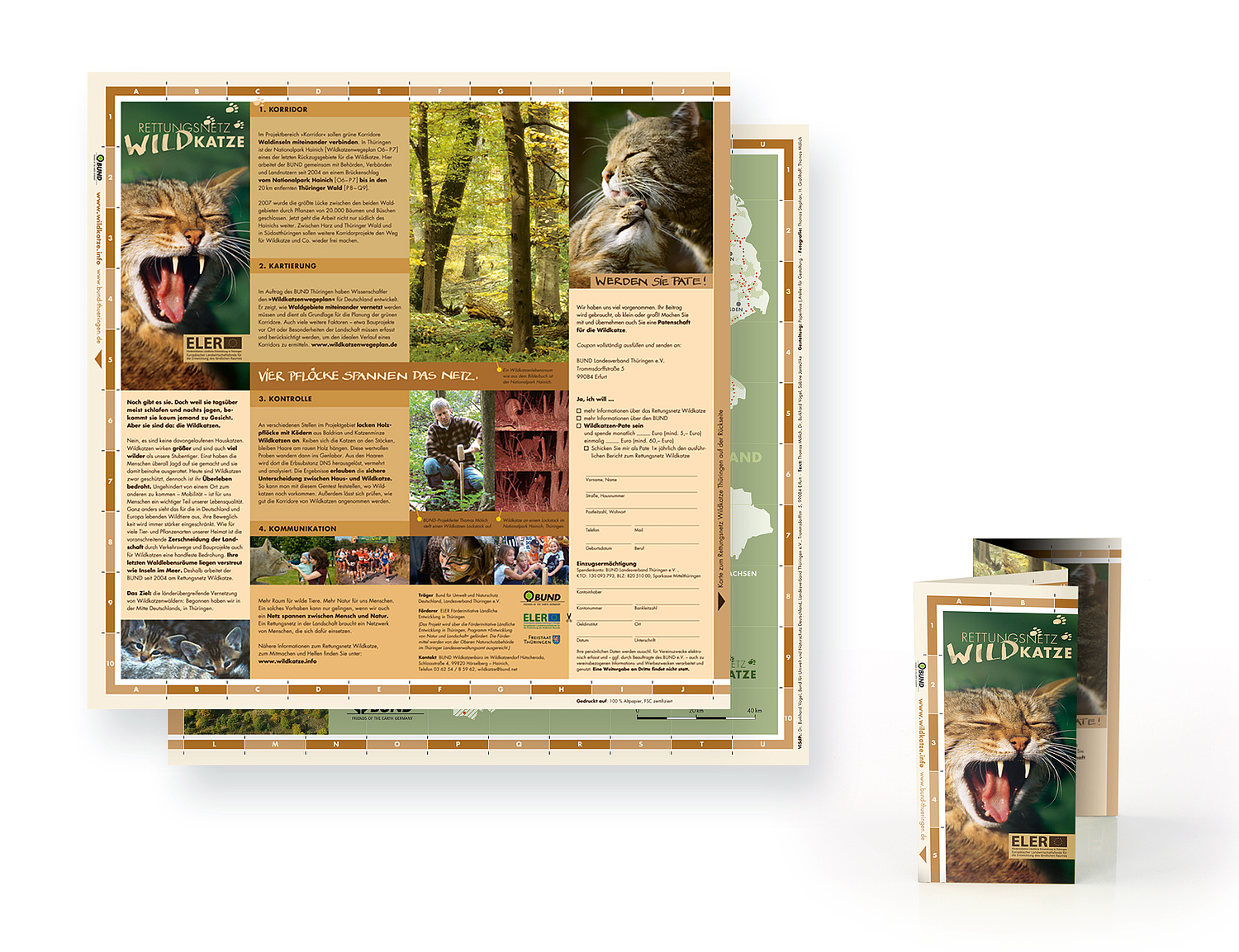 Flyer Rettungsnetz Wildkatze Das Bild zeigt den Flyer zum "Rettungsnetz Wildkatze" (für BUND, 2005). (© Papenfuss | Atelier)