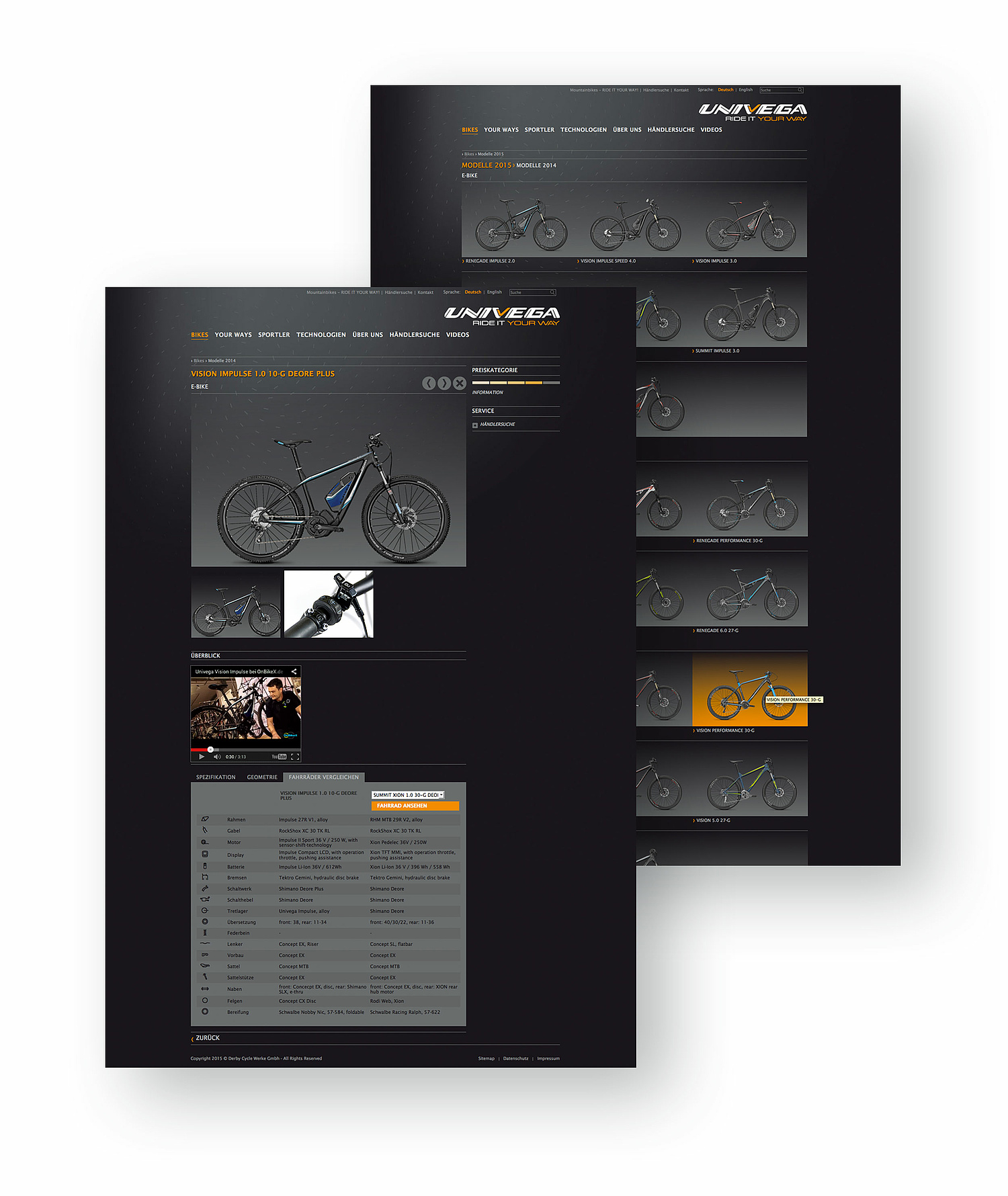 Derby Cycle Univega – Webdesign – Webentwicklung – Unterseiten Produkt Produktauswahl Ansicht auf die kompletten Inhalte von Produktseite und Produktauswahlseite (© Papenfuss | Atelier)