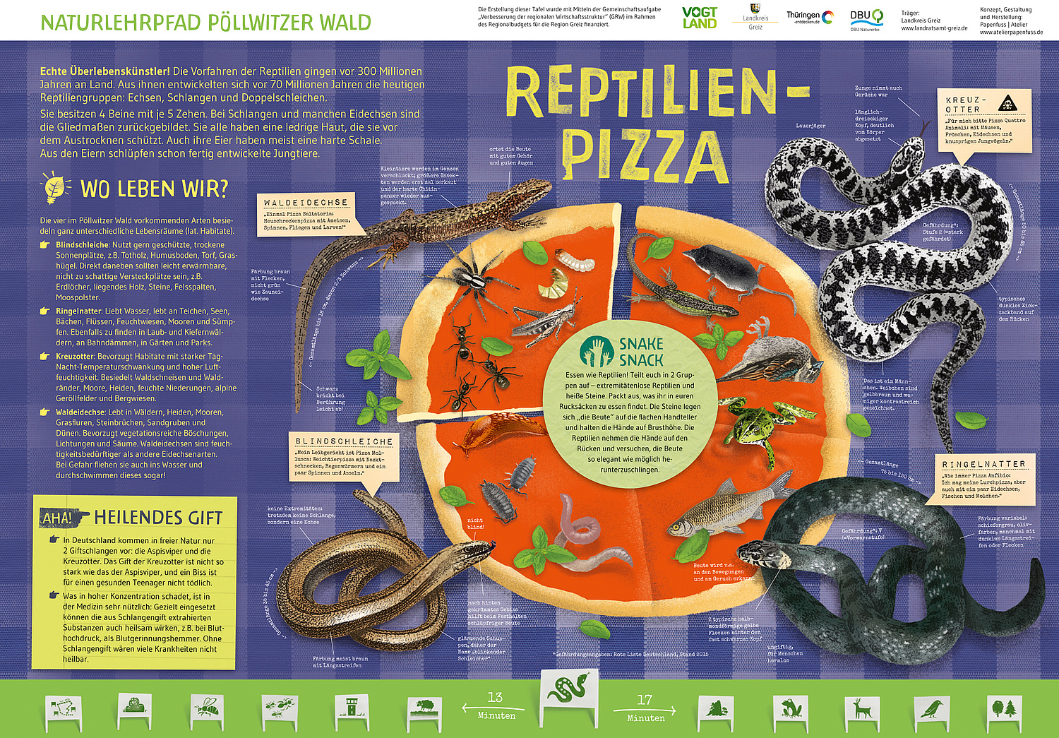 Schautafel Reptilienpizza Das Bild zeigt die Schautafel "Reptilien-Pizza" (Naturlehrpfad, Landratsamt Greiz, 2016). (© Papenfuss | Atelier)
