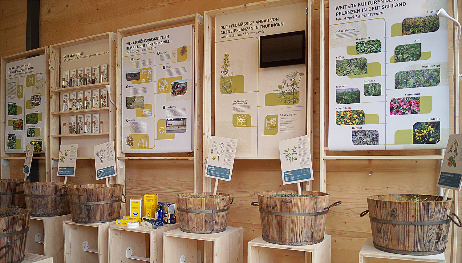Verschiedene Module zum Anbau und Verarbeitung von Heilpflanzen in Thüringen und Deutschland. (© Papenfuss | Atelier)
