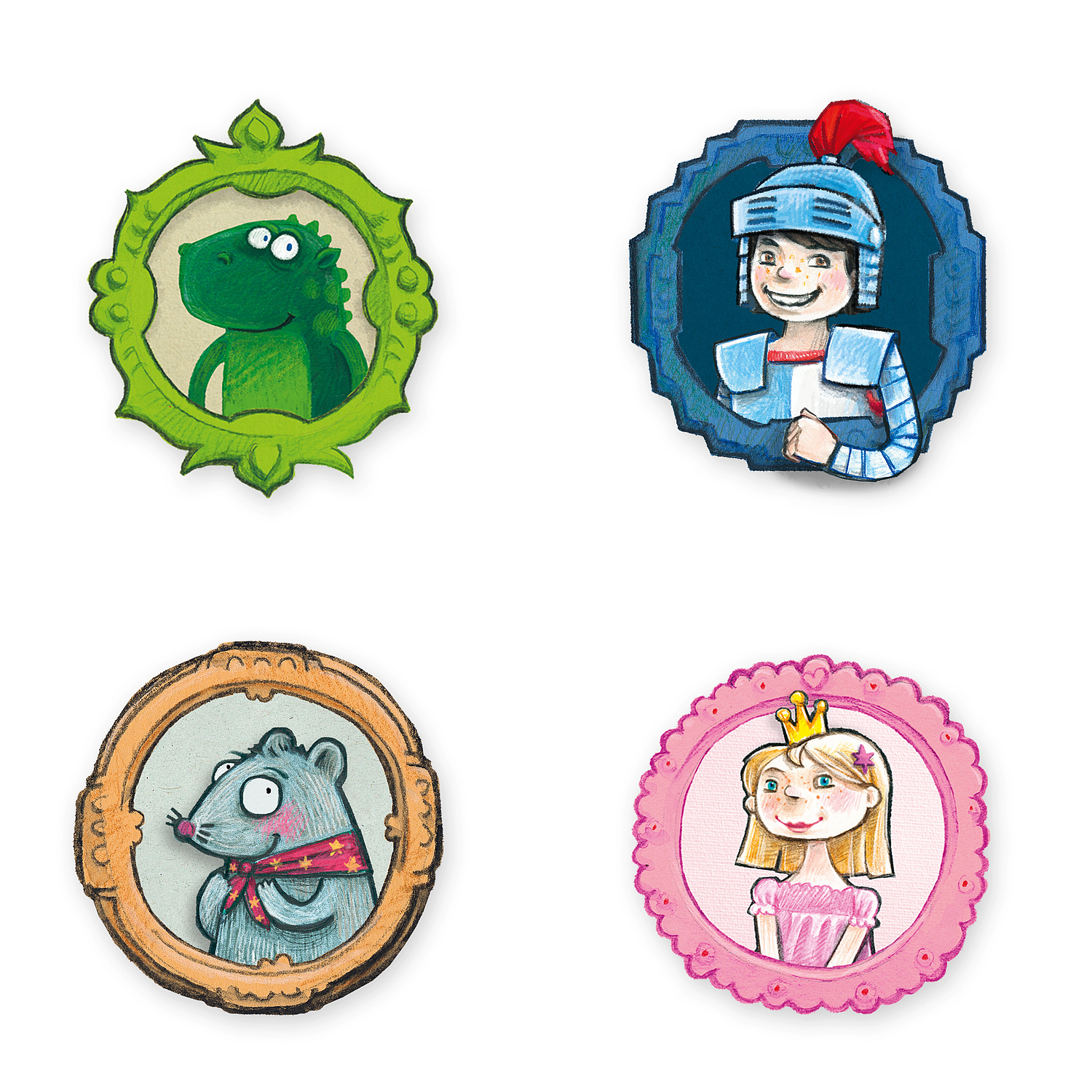 Detailansicht der Charaktere der App-Creative Kids mit Frosch, Ritter, Maus und Prinzessin  (© Papenfuss | Atelier)