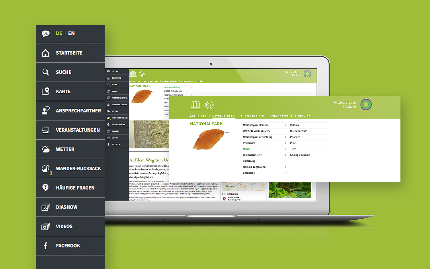 Module Menü und Schnellzugriff – Webdesign Nationalpark Hainich Desktopansicht mit Ausschnitten zum Schnellzugriff und Menü der Website (© Papenfuss | Atelier)