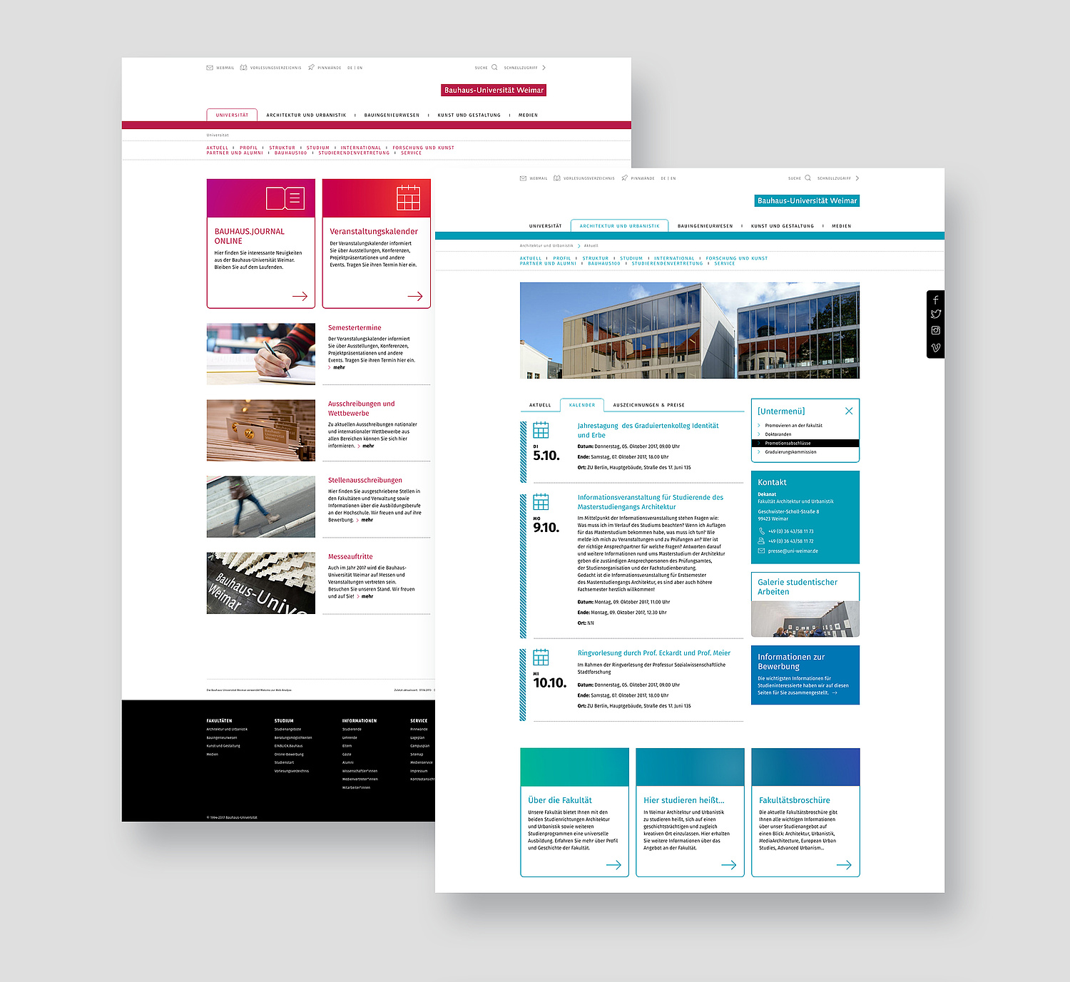 Webdesign Bauhaus Universität Weimar Zwei Ansichen der Hubseite und Bereichsstartseite in den jeweiligen Farben der Fakultäten (© Papenfuss | Atelier)