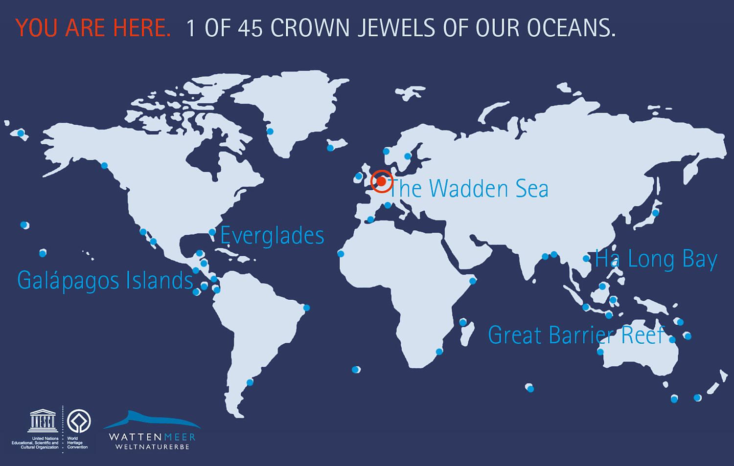 Weltnaturerbe Wattenmeer Entwurf Keyvisual Das Bild zeigt einen Entwurf für ein Keyvisual, eine Weltkarte mit ausgewählten UNESCO Marine World Heritage Sites. (für Trilaterale Wattenmeerkooperation, 2012) (© Papenfuss | Atelier)