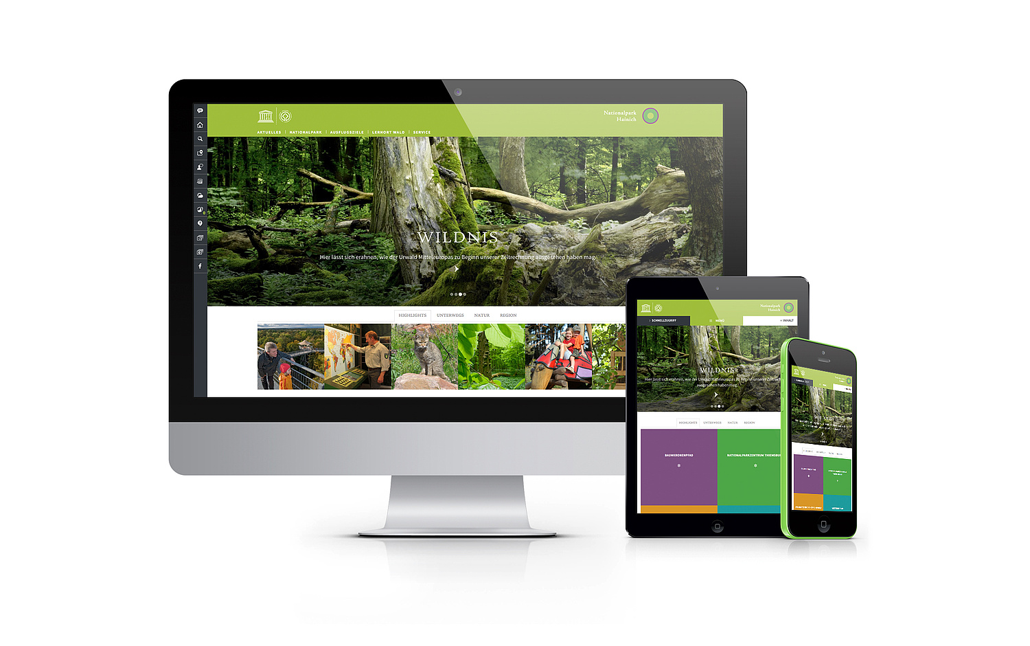 Nationalpark Hainich - Corporate Website - Responsive Webdesign - Webentwicklung Screen-Ansichten der Startseite des Nationalpark Hainich für den Desktop, Tablet und Smartphone (© Papenfuss | Atelier)