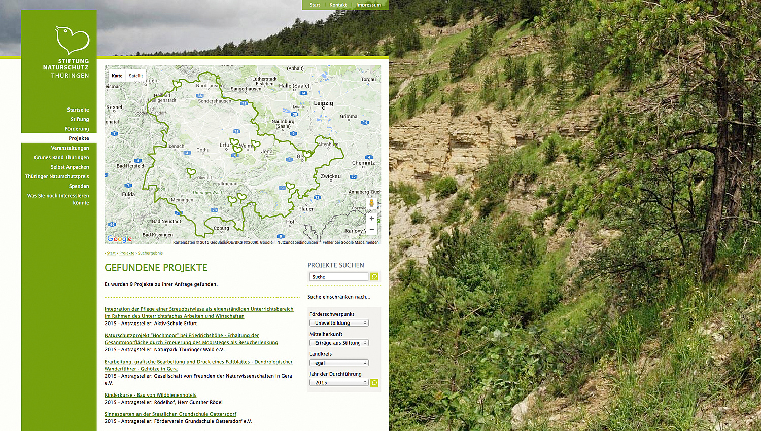 Das Bild zeigt einen Ausschnitt der Website zur Projektsuche (für Stiftung Naturschutz Thüringen, 2005–2015). (© Papenfuss | Atelier)