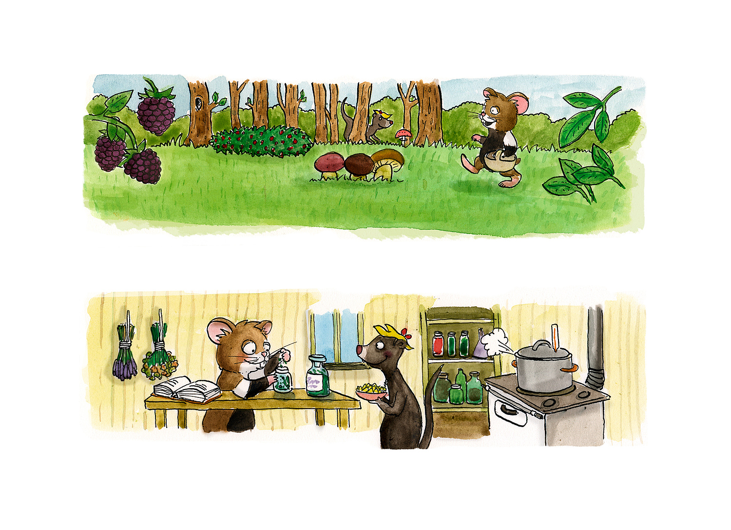 BFN Naturportale Illustration – Hamster Konstantin Das Bild zeigt zwei Illustrationen mit dem Hamster Konstantin, dem Maskottchen für den Kinderbereich von Natgesis (für das Bundesamt für Naturschutz (BfN), 2009) (© Papenfuss | Atelier)