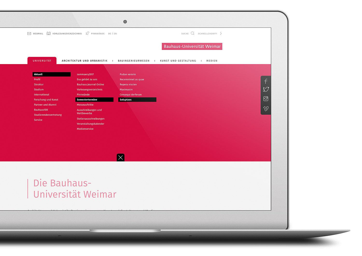 Webdesign Bauhaus Universität Weimar Menü Darstellung des ausgeklappten Hovermenüs (© Papenfuss | Atelier)