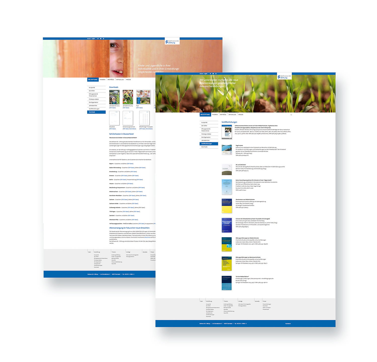 Das Bild zeigt die Unterseiten "Downloads" und "Veröffentlichungen" (für Software-AG Stiftung, 2008–2015). (© Papenfuss | Atelier)